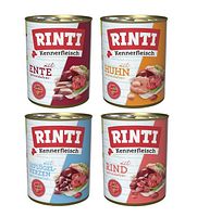 RINTI Kennerfleisch 24 x 400g Mixpaket (Huhn,Ente,Rind,Geflügelherzen)  Hundenassfutter