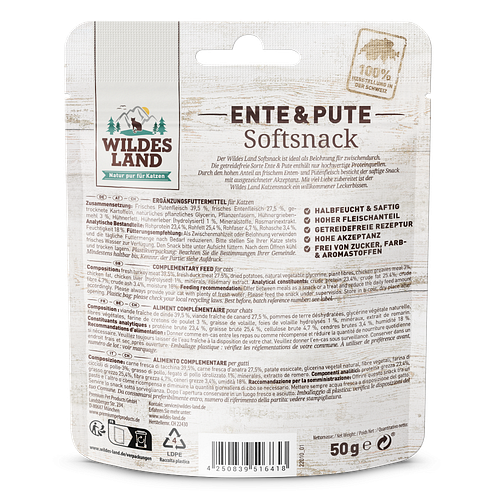 WILDES LAND Katze 50g Softsnack Ente und Pute