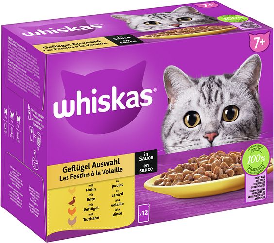Whiskas 7+ Geflügel Auswahl in Sauce 12 x 85 Gramm Multipack Katzennassfutter